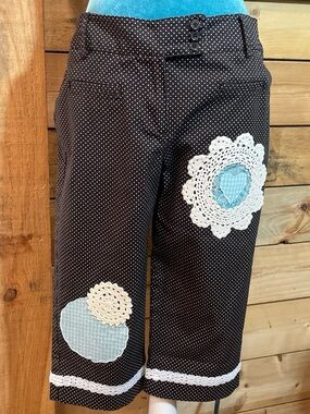 Upcycled Brown and White Polka Dot Capri with Cream Lace & Blue Appliqué